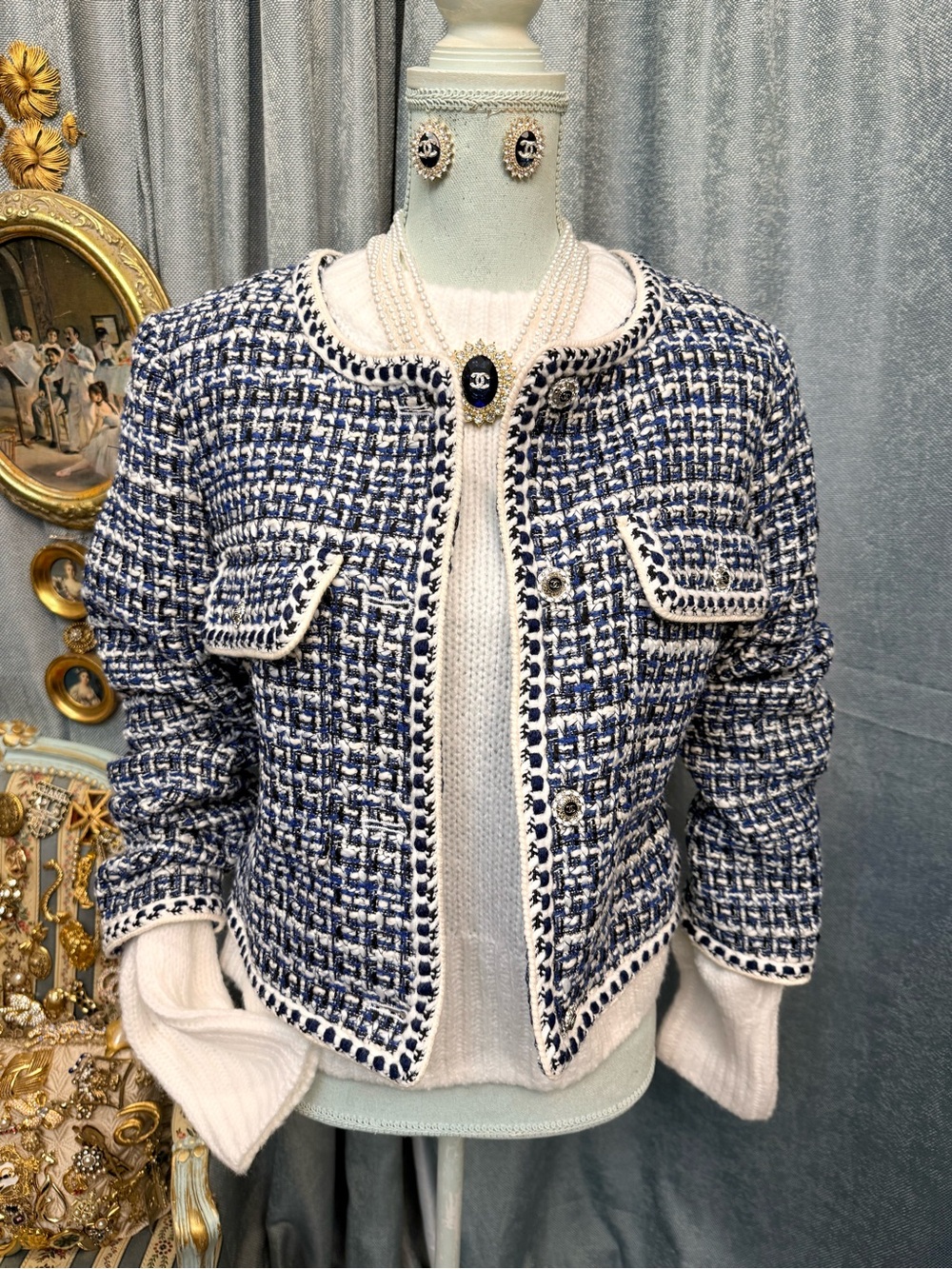 Christian Lacroix Tweed Crop Blazer
Navy White Silver Accent